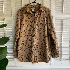 Coldwater Creek Brown Tan Leaf Long Sleeve Blouse Collared Button Suede Autumn